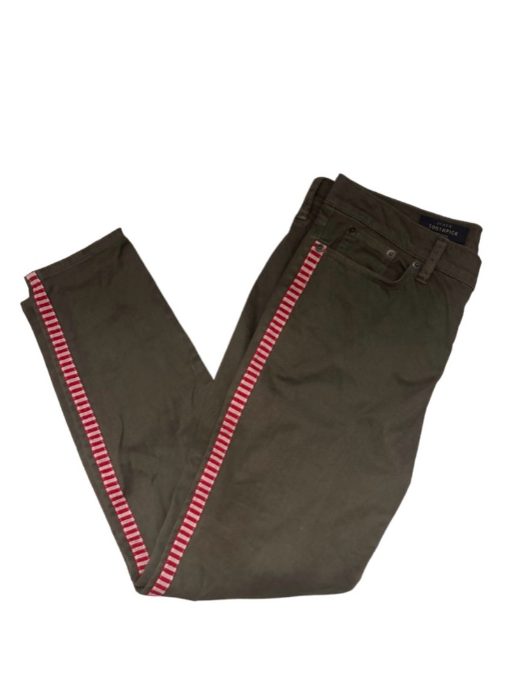 J. Crew Toothpink Ankle Jeans- Olive with Embroidered Red Stripe